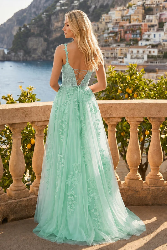 Mint Green Tulle A-Line Sweetheart Lace-Up Back Floor-Length Dress Back View - Aabei Dress