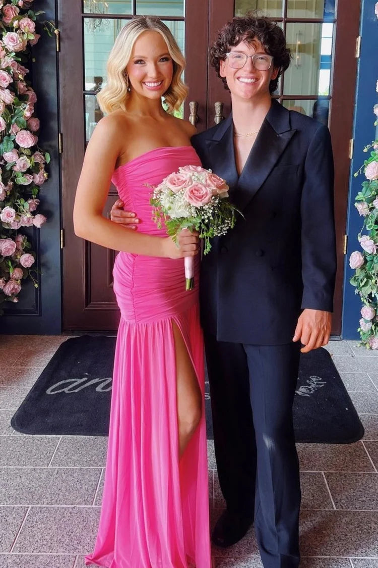 Hot Pink Strapless Mermaid Prom Dress Ruched Bodice High Slit Flowy Chiffon Gown
