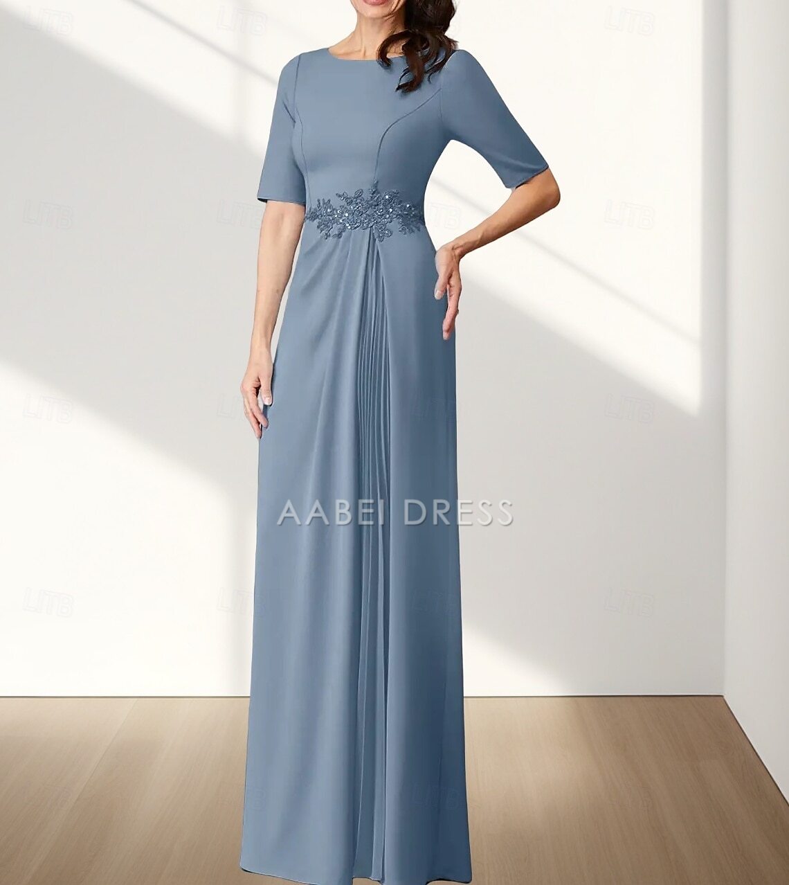 AABEI DRESS Wedding Guest Dress Exquisite A-Line Crew Neck Half Sleeve Appliques Ruching Floor Length Elegant Mother of the Bride Dress