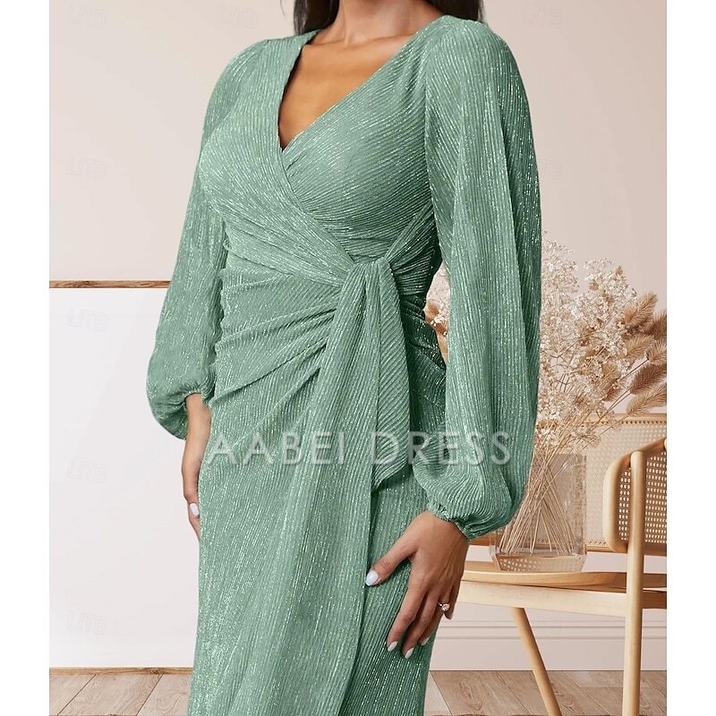 AABEI DRESS Wedding Guest Dress Elegant A-Line V Neck Sweet Floor Length Chiffon Long Sleeve with Ruffles Mother of the Bride Dress