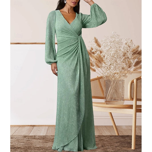 AABEI DRESS Wedding Guest Dress Elegant A-Line V Neck Sweet Floor Length Chiffon Long Sleeve with Ruffles Mother of the Bride Dress