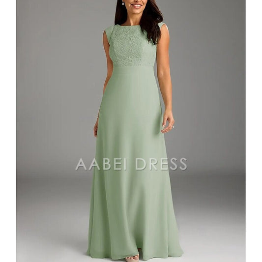 AABEI DRESS Wedding Guest Dress Elegant A-Line Crew Neck Cap Sleeve Floor Length Lace Buttons Simple Mother of the Bride Dress