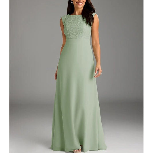 AABEI DRESS Wedding Guest Dress Elegant A-Line Crew Neck Cap Sleeve Floor Length Lace Buttons Simple Mother of the Bride Dress