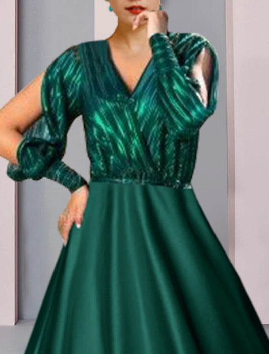 A-Line Mother of the Bride Dress Formal Wedding Guest Party Sparkle & Shine V Neck Tea Length Satin Half Sleeve with Pleats