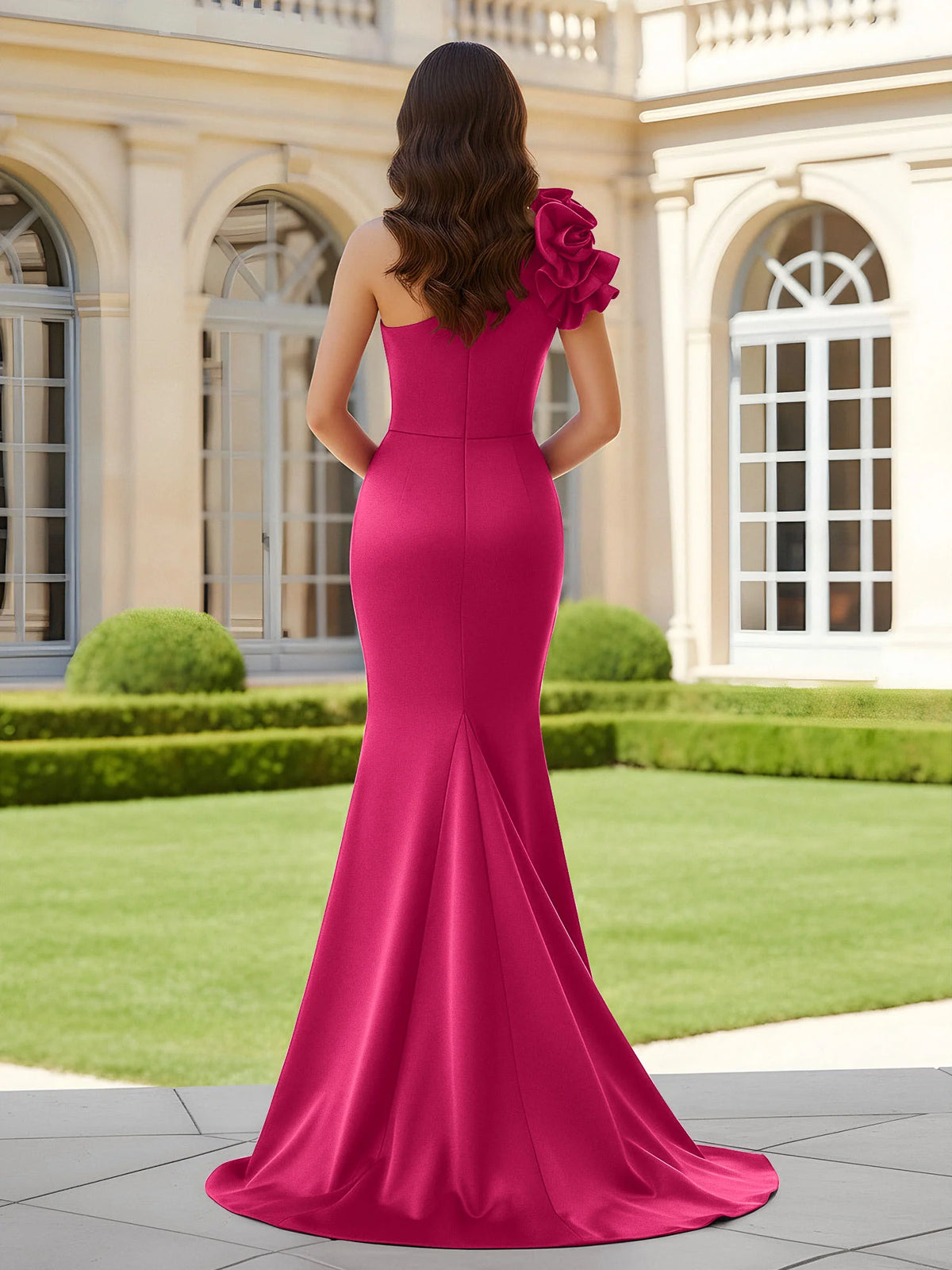 Mulberry Satin Trumpet One Shoulder Zipper Back Floor-Length Dress Back View - Aabei Dress