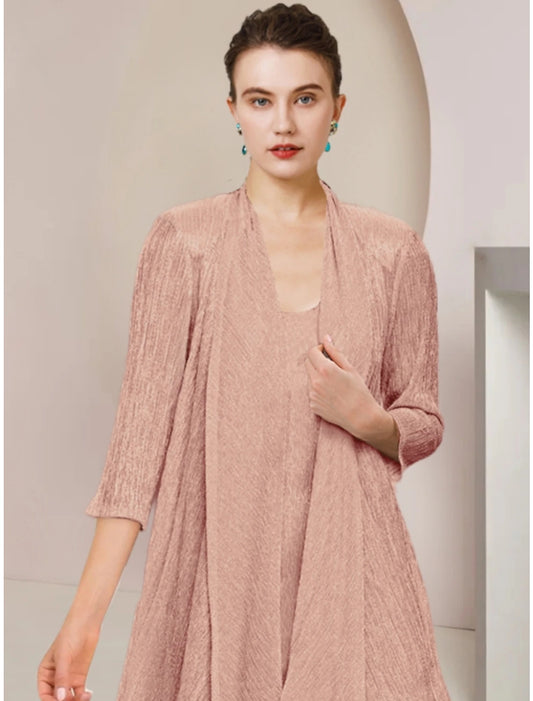 Two Piece Mother of the Bride Dress Simple Petite Scoop Neck Knee Length Lace 3/4 Length Sleeve with Pleats Solid Color