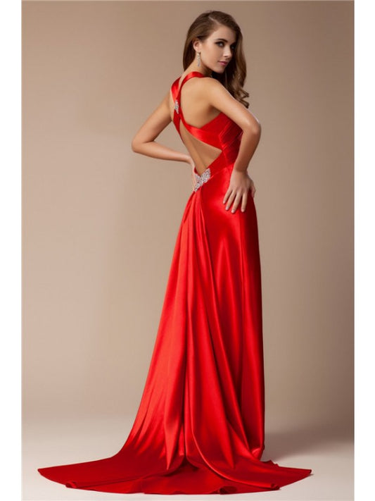 Sheath/Column V-neck Sleeveless Long Woven Satin Dresses