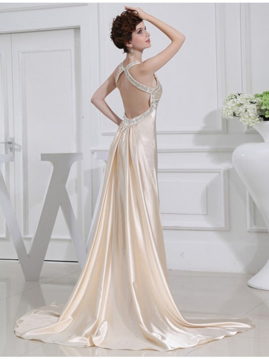 A-Line/Princess Beading Sleeveless Woven Satin Dresses