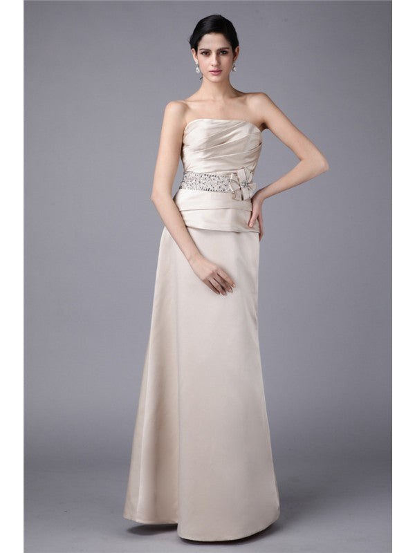 Sheath/Column Strapless Beading Hand-Made Flower Woven Satin Mother of the Bride Dresses
