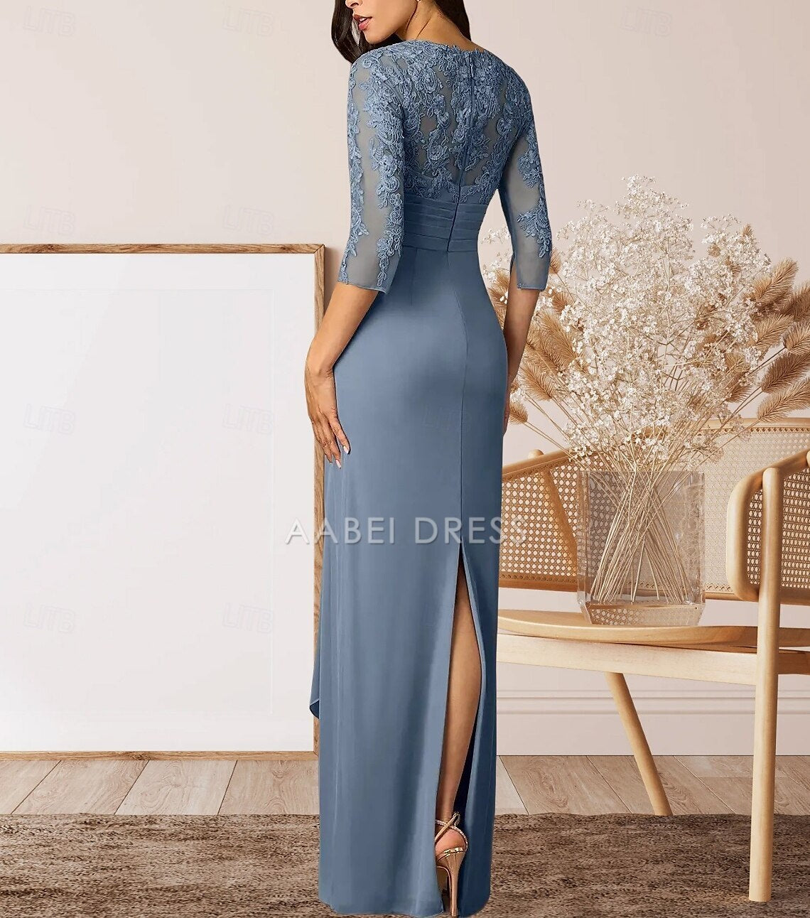 AABEI DRESS Wedding Guest Dress Elegant Sheath V Neck 3/4 Length Sleeve High Split Floor Length with Ruffles Appliques Ruching Mother of the Bride Dress