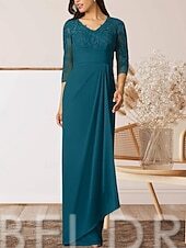 AABEI DRESS Wedding Guest Dress Elegant Sheath V Neck 3/4 Length Sleeve High Split Floor Length with Ruffles Appliques Ruching Mother of the Bride Dress