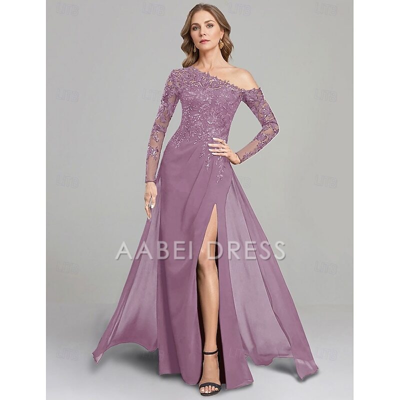 AABEI DRESS Wedding Guest Dress Elegant Sheath One Shoulder Floor Length Side Fork Chiffon Long Sleeve Lace Mother of the Bride Dress