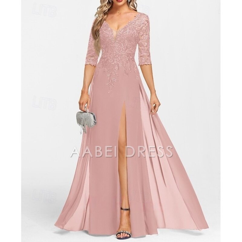 AABEI DRESS Wedding Guest Dress Exquisite A-Line V Neck Half Sleeve with Appliques Split Front Floor Length Mother of the Bride Dress