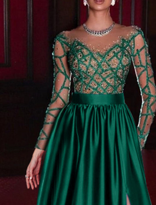 A-Line Evening Gown Sparkle & Shine Dress Engagement Birthday Floor Length Long Sleeve V Neck with Rhinestone Appliques