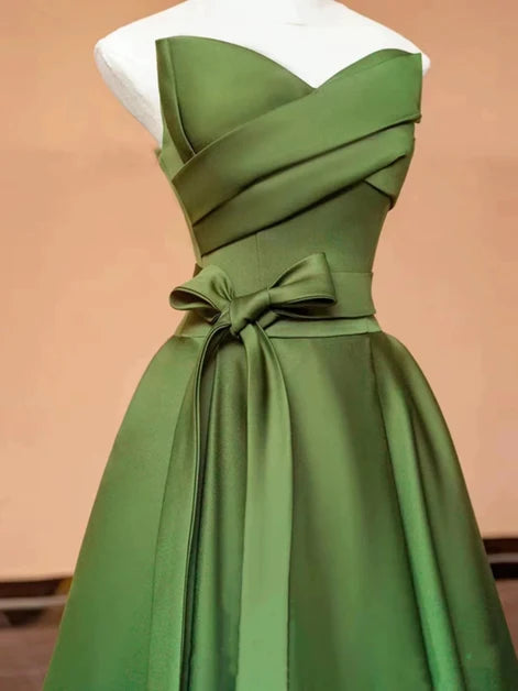 Olive Green Satin A-Line Sweetheart Zipper Back Floor-Length Dress - Aabei Dress