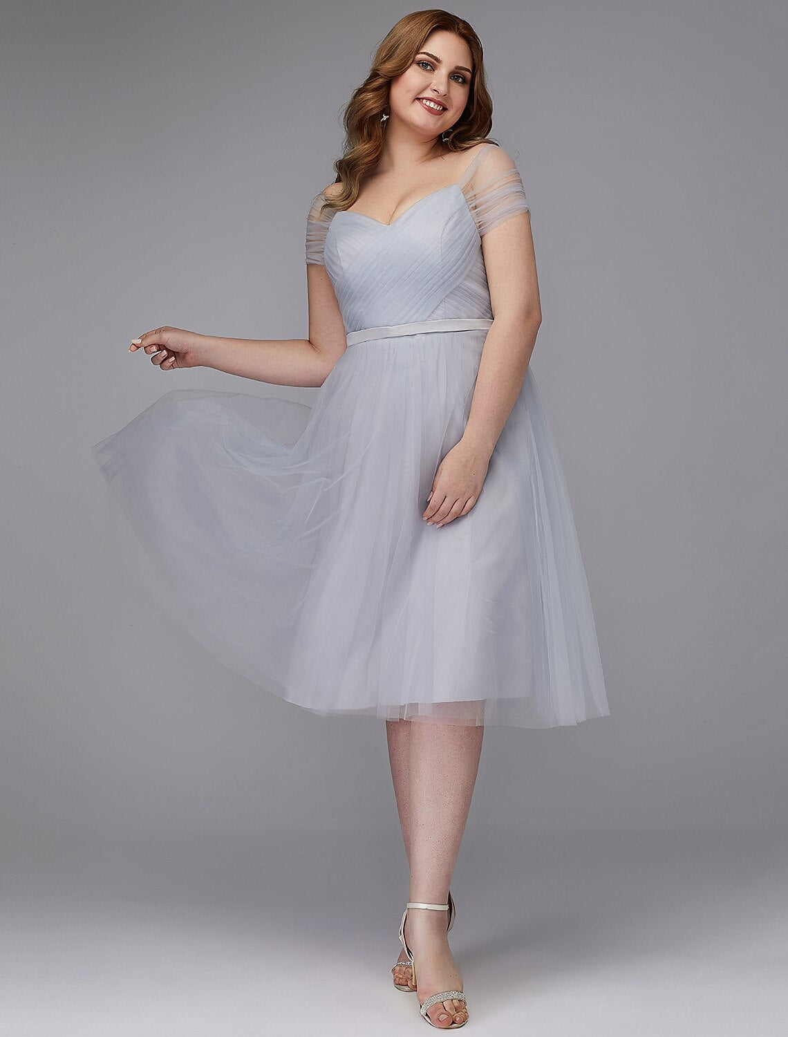 A-Line Elegant Dress Wedding Guest Cocktail Party Tea Length Short Sleeve Off Shoulder Tulle with Sash / Ribbon Cross Evening Dresses