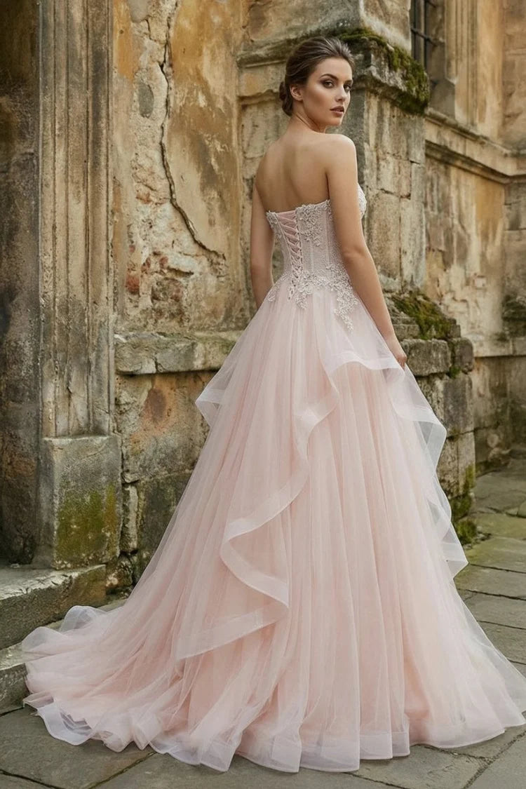 Blushing Pink Tulle and Lace Ball Gown Sweetheart Floor Length Dress
