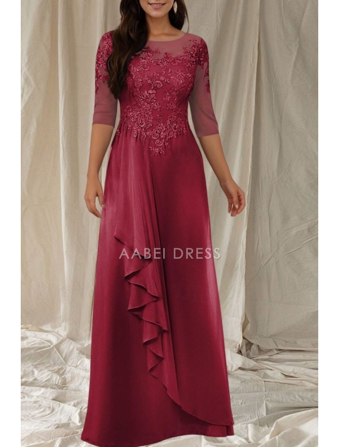 AABEI DRESS Wedding Guest Dress Elegant A-Line Crew Neck 3/4 Length Sleeve Floor Length Lace Appliques Ruffles Fashion Mother of the Bride Dress
