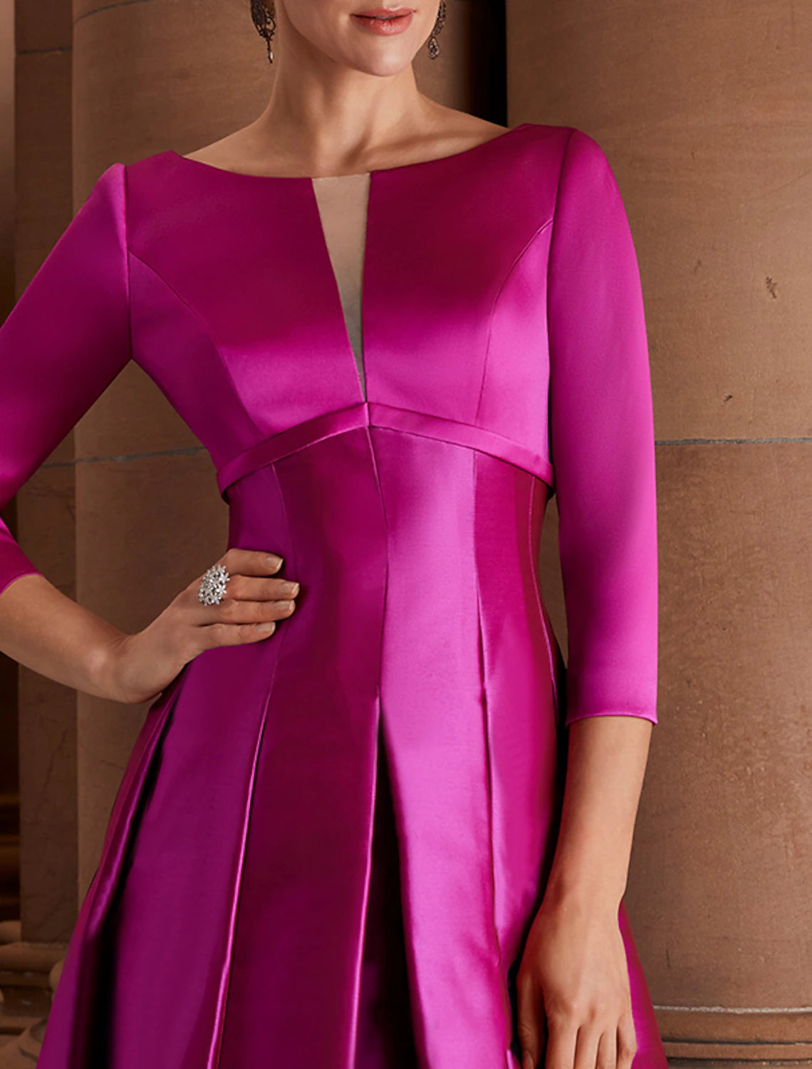 A-Line Cocktail Dresses Minimalist Dress Christmas Red Green Dress Wedding Guest Tea Length 3/4 Length Sleeve Jewel Neck Fall Wedding Guest Satin with Pleats Mother of the Bride Dresses