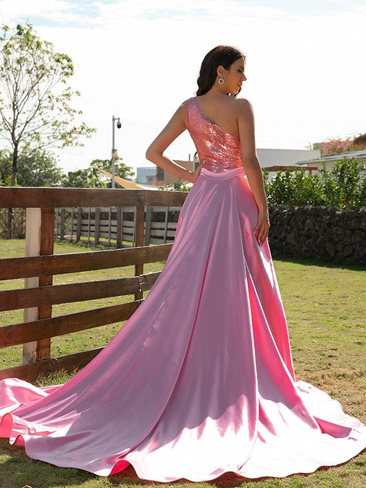 A-Line/Princess Woven Satin Sequin One-Shoulder Sleeveless Sweep/Brush Train Dresses