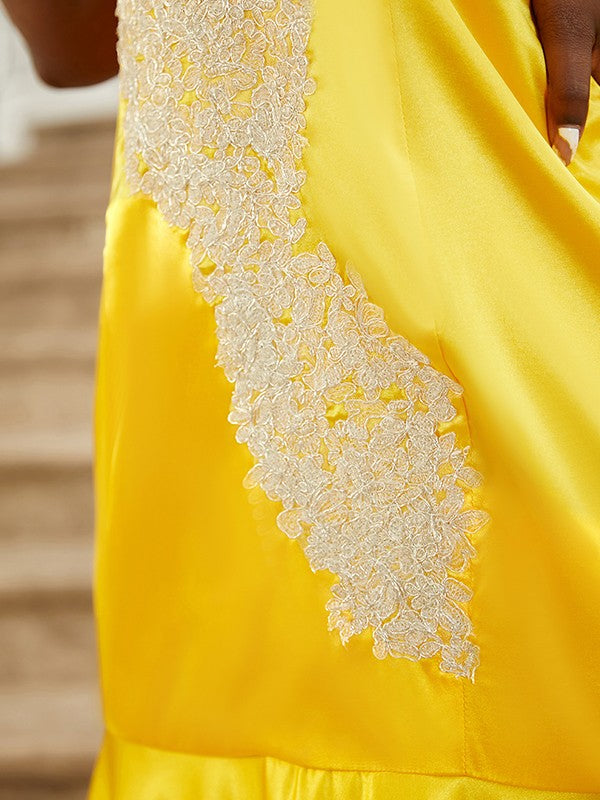 Trumpet/Mermaid Woven Satin Applique V-neck Sleeveless Sweep/Brush Train Dresses