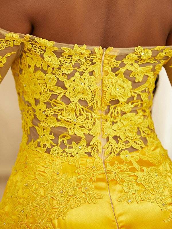 Trumpet/Mermaid Woven Satin Applique Off-the-Shoulder Long Sleeves Sweep/Brush Train Dresses