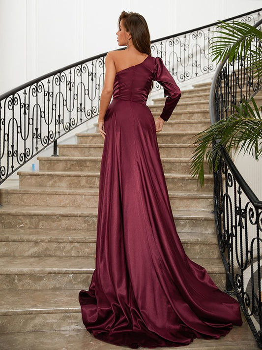 Sheath/Column Woven Satin Ruched One-Shoulder Long Sleeves Sweep/Brush Train Dresses