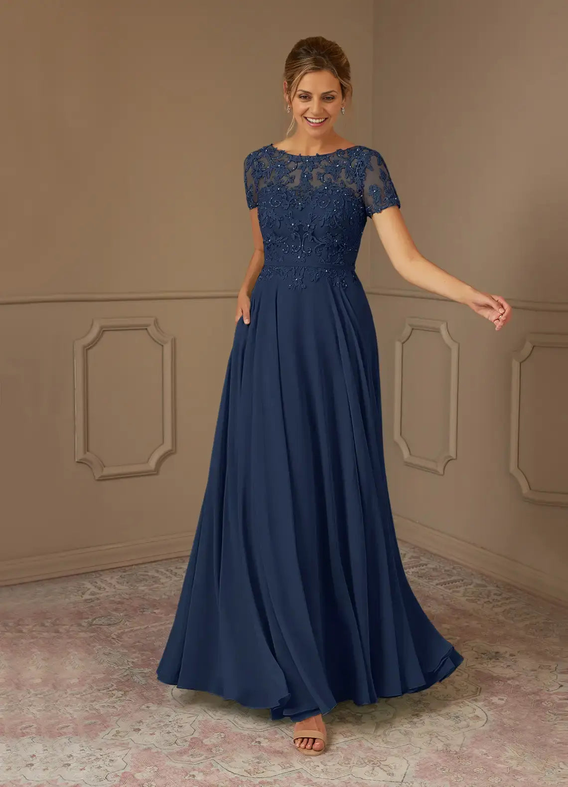 AABEI DRESS Wedding Guests Dresses A Line Boatneck Neckline Short Sleeves Lace Tops Sparkle Beadwork Exquisite Retro Mother of the Bride Dress