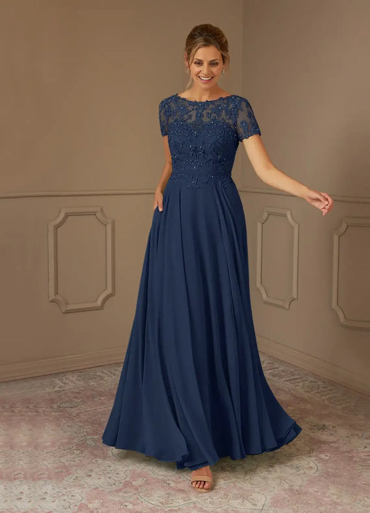 AABEI DRESS Wedding Guests Dresses A Line Boatneck Neckline Short Sleeves Lace Tops Sparkle Beadwork Exquisite Retro Mother of the Bride Dress