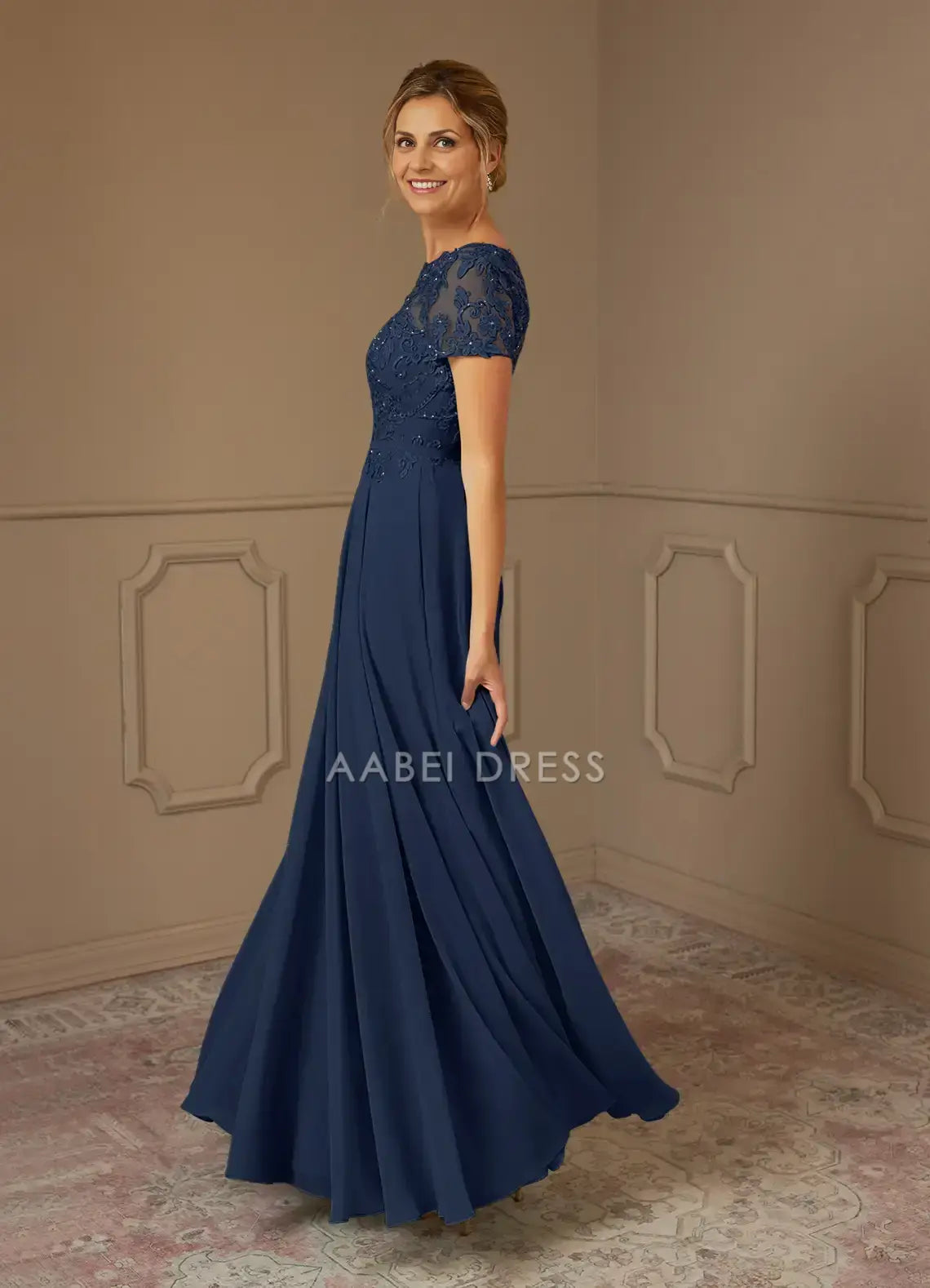 AABEI DRESS Wedding Guests Dresses A Line Boatneck Neckline Short Sleeves Lace Tops Sparkle Beadwork Exquisite Retro Mother of the Bride Dress