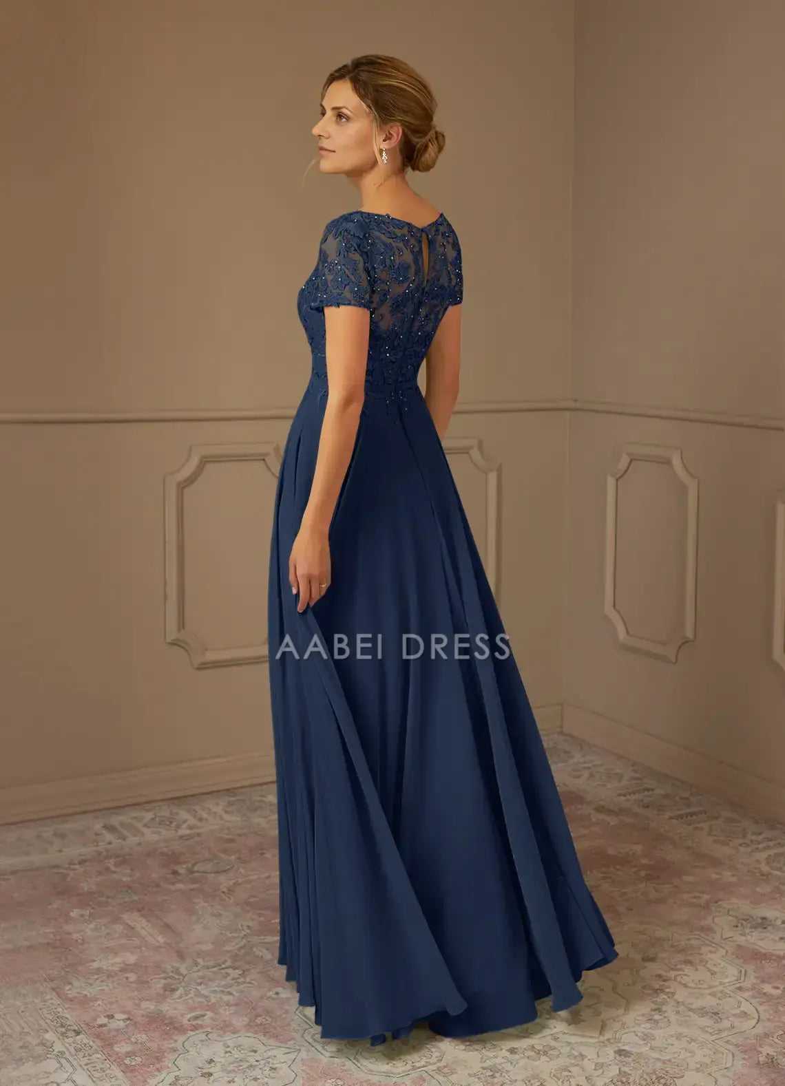 AABEI DRESS Wedding Guests Dresses A Line Boatneck Neckline Short Sleeves Lace Tops Sparkle Beadwork Exquisite Retro Mother of the Bride Dress