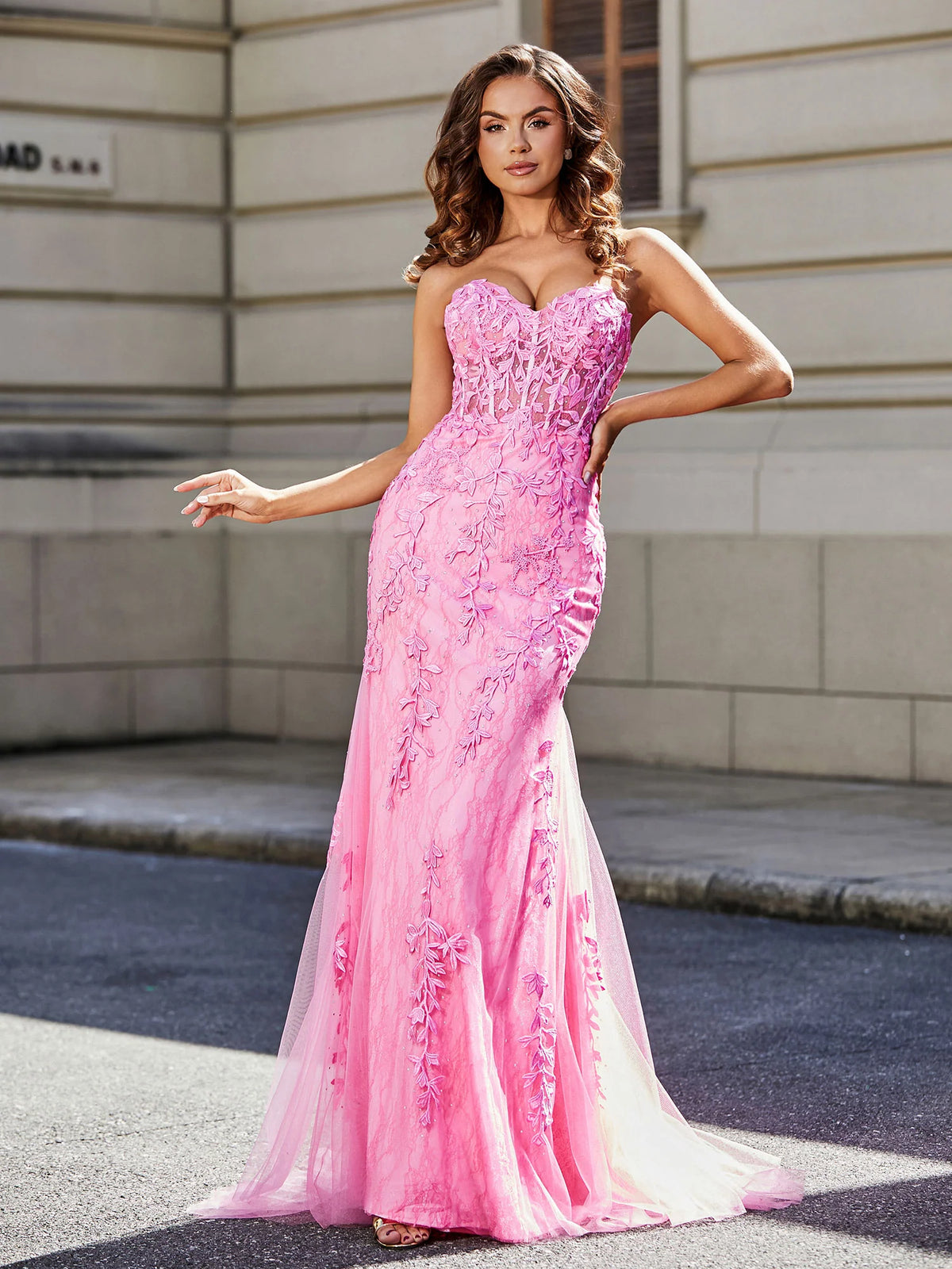 Pink Lace Trumpet Sweetheart Lace-Up-Back Floor-Length Dress - Aabei Dress