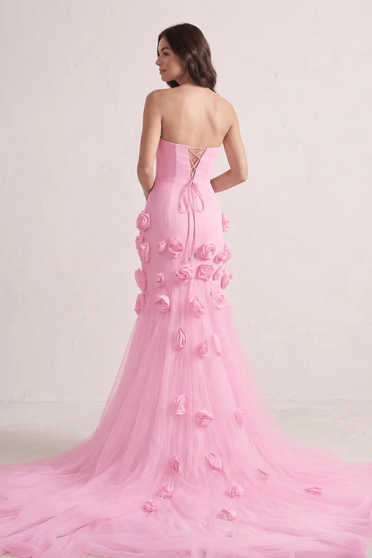 Pink Tulle & Crepe Mermaid Sweetheart Lace-up-back Floor-Length Dress Back View - Aabei Dress