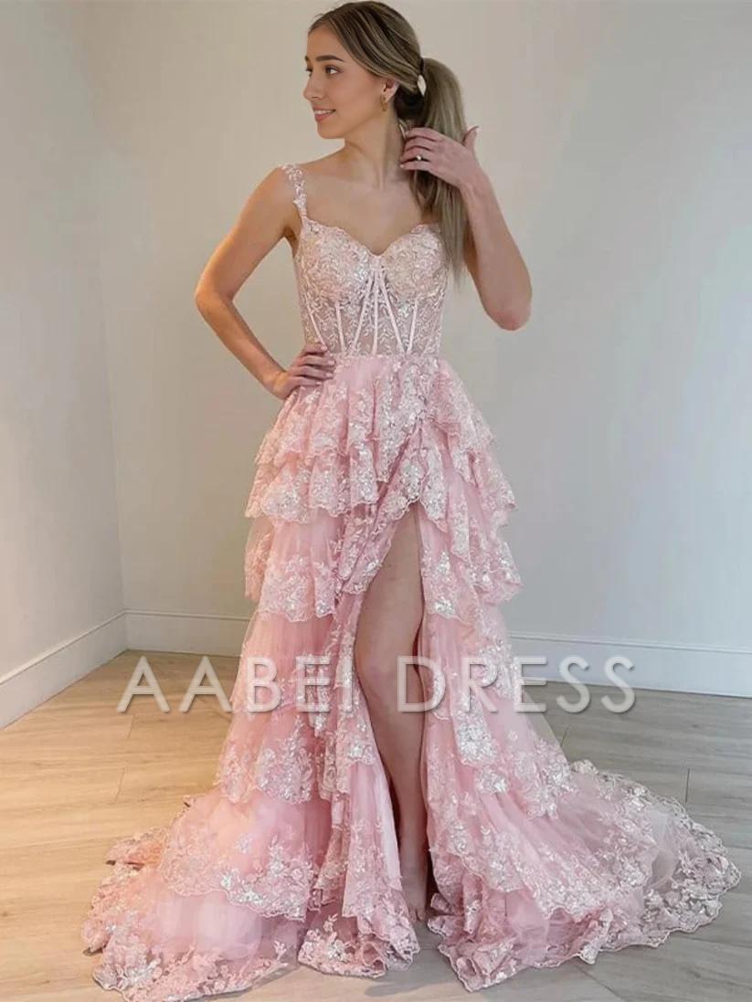 AABEI DRESS A LineTulle Off the Shoulder Sweetheart Tiered Ruffles Prom Dresses With Split Sleeveless Corset Ball Gowns Long Evening Dress