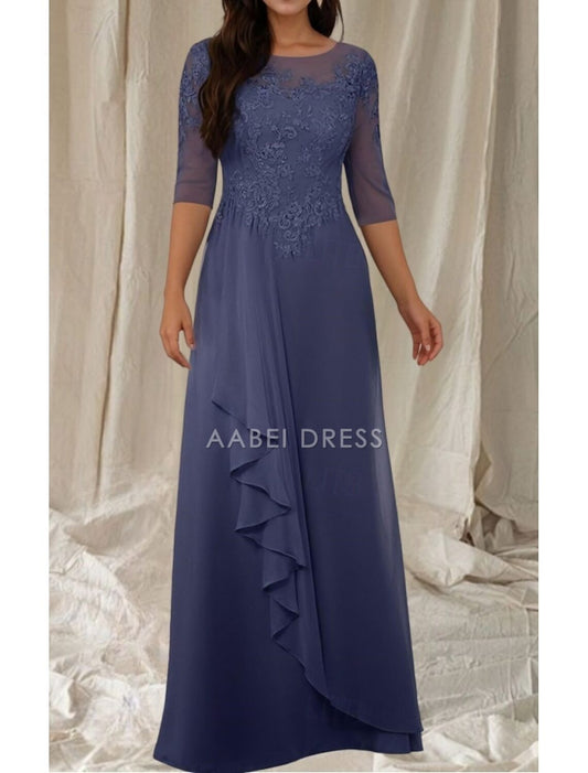 AABEI DRESS Wedding Guest Dress Elegant A-Line Crew Neck 3/4 Length Sleeve Floor Length Lace Appliques Ruffles Fashion Mother of the Bride Dress