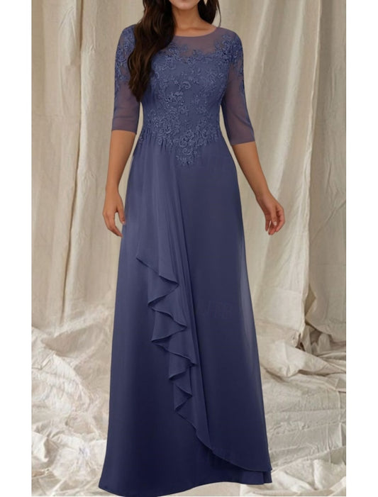 AABEI DRESS Wedding Guest Dress Elegant A-Line Crew Neck 3/4 Length Sleeve Floor Length Lace Appliques Ruffles Fashion Mother of the Bride Dress