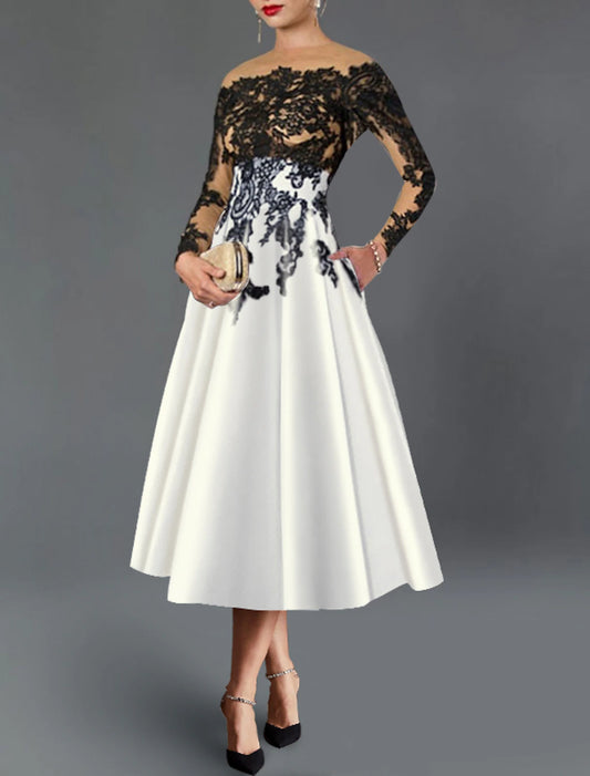 A-Line Cocktail Dresses Elegant Dress Fall Wedding Guest Dress For Mother Color Block Formal Tea Length 3/4 Length Sleeve Off Shoulder Pocket Satin with Embroidery Pocket Mother of the Bride Dresses