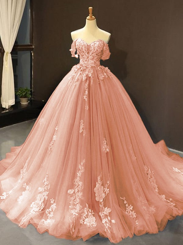 Ball Gown Tulle Off-the-Shoulder Sleeveless Applique Chapel Train Dresses