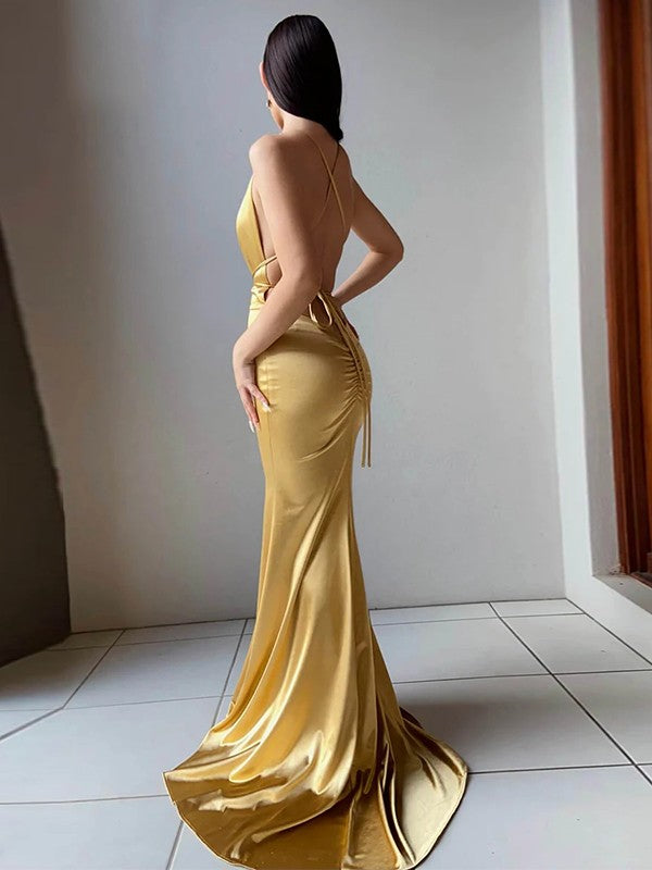 Sheath/Column Woven Satin V-neck Sleeveless Sweep/Brush Train Dresses