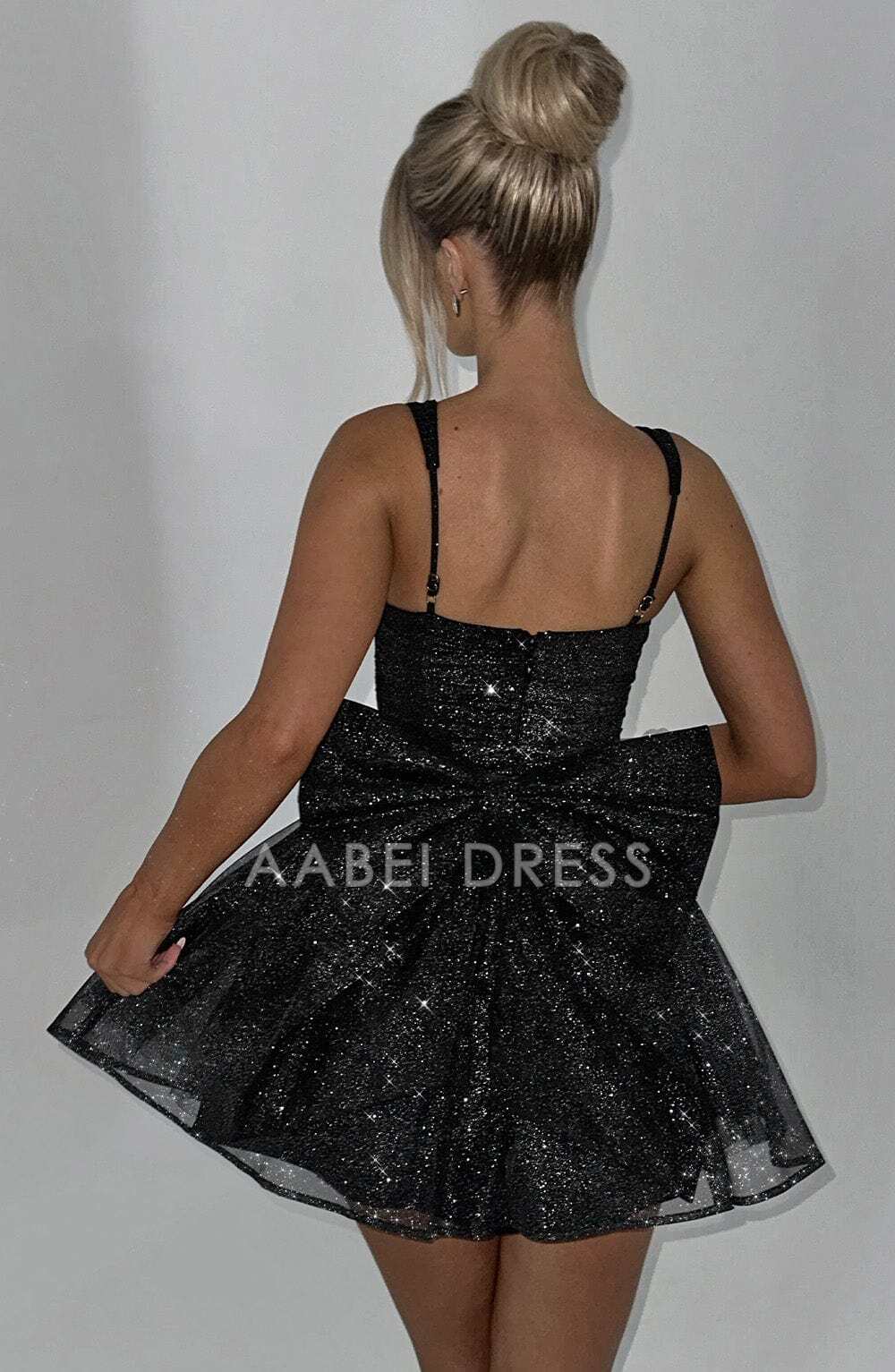 AABEI DRESS Hot Sale Homecoming Dress Black Sparkle A Line Spaghetti Strap Bow Back Mini Dress Charming Short Prom Dresse