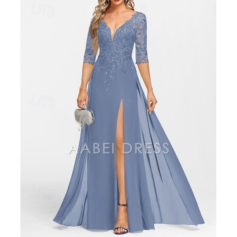 AABEI DRESS Wedding Guest Dress Exquisite A-Line V Neck Half Sleeve with Appliques Split Front Floor Length Mother of the Bride Dress