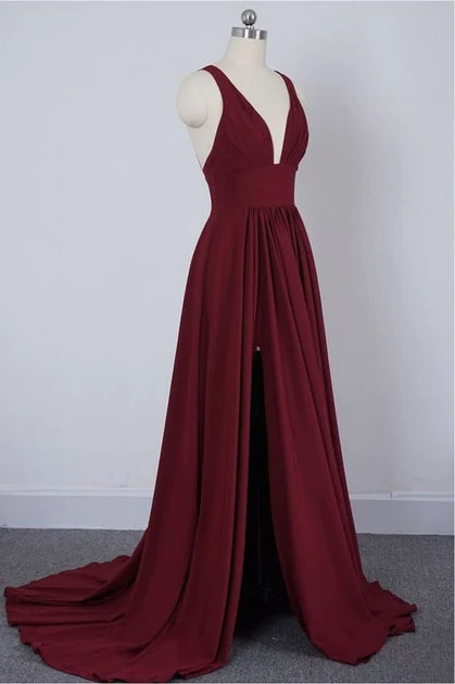 Burgundy V Neck Chiffon A Line Bridesmaid Dress With Slit And Train