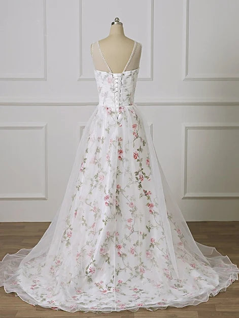 White Floral Print Spaghetti Strap Sweetheart Tulle Wedding Dress Corset Back