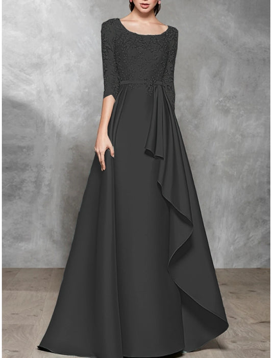 A-Line Evening Gown Black Dress Plus Size Elegant Dress Formal Wedding Floor Length Half Sleeve Scoop Neck Satin with Pleats Mother of the Bride Dresses
