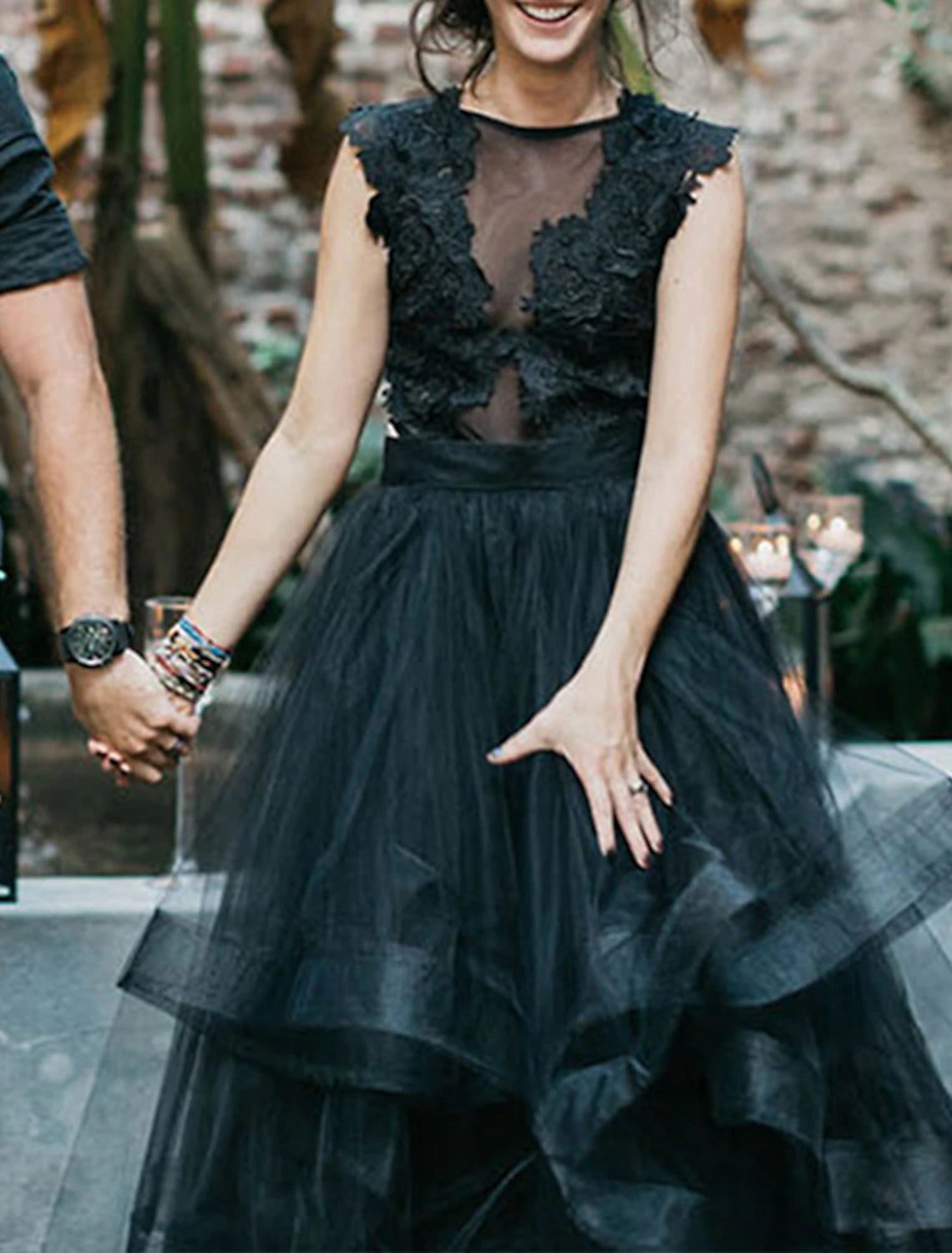 Black Evening Dresses Formal Fall A-Line Illusion Neck Sleeveless Sweep / Brush Train Tulle Gothic Halloween Engagement Bridal Gowns With Appliques Cascading Ruffles