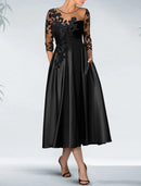A-Line Cocktail Black Dress Appliques Elegant Dress Fall Wedding Guest Dress For Mother Knee Length 3/4 Length Sleeve Off Shoulder Pocket Satin with Beading Pocket Mother of the Bride Dresses
