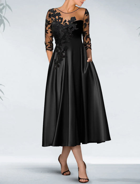 A-Line Cocktail Black Dress Appliques Elegant Dress Fall Wedding Guest Dress For Mother Knee Length 3/4 Length Sleeve Off Shoulder Pocket Satin with Beading Pocket Mother of the Bride Dresses