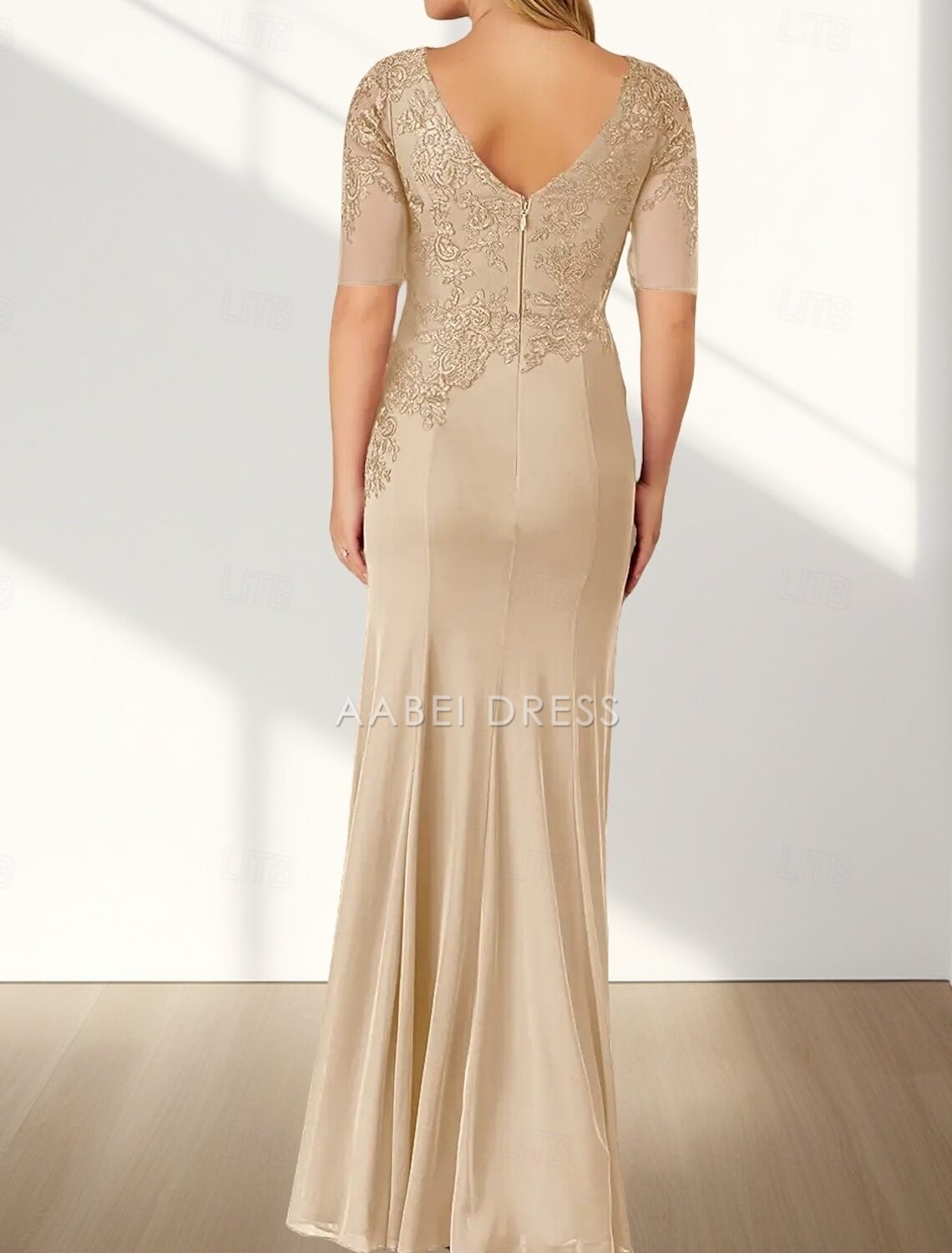 AABEI DRESS Wedding Guest Dress Mermaid  Elegant Crew Neck Floor Length Chiffon Half Sleeve with Appliques Mother of the Bride Dress
