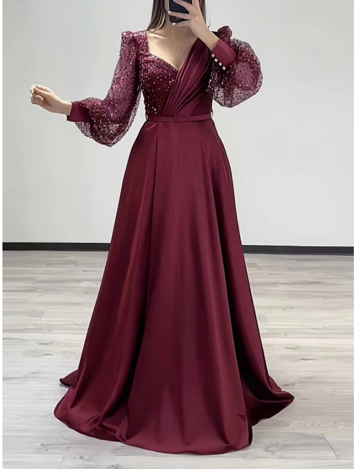 A-Line Evening Gown Sparkle & Shine Black Dress Formal Fall Sweep / Brush Train Long Sleeve V Neck Satin with Glitter Pleats