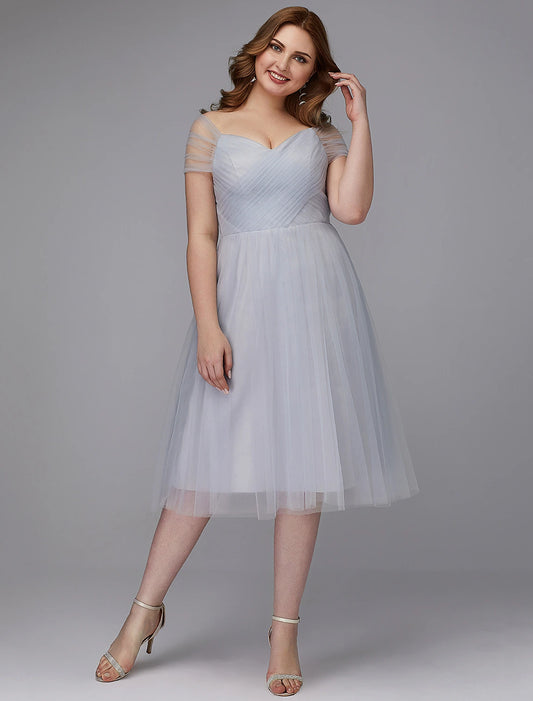 A-Line Elegant Dress Wedding Guest Cocktail Party Tea Length Short Sleeve Off Shoulder Tulle with Sash / Ribbon Cross Evening Dresses